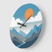 Grande Horloge Ronde Tranquil Horizon | Minimal Mountain Landscape Art (Angle)
