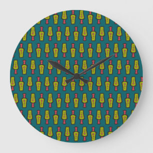 Grande Horloge Ronde Tribal Abstrait rouge, jaune sur Turquoise : horlo