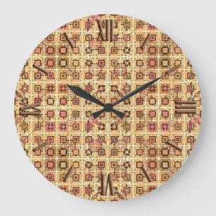 Grande Horloge Ronde Tribal Batik - chocolat et chameau tan