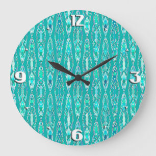 Grande Horloge Ronde Tribal Batik - Turquoise et Aquamarine