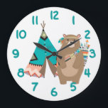 Grande Horloge Ronde Tribal Bear et Tipi Teal Number<br><div class="desc">Here's a cute clock that will help your child learn to read time, and be fun, too! Large teal numbers on a field of white make the clock easy to read. Within the circle of numbers is an adorable image of a brown bear dressed in tribal attire, including a head...</div>
