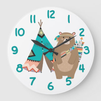 Grande Horloge Ronde Tribal Bear et Tipi Teal Number
