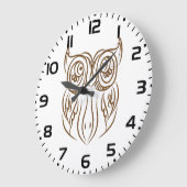 Grande Horloge Ronde Tribal Owl Line Art moderne Brown Abstrait (Angle)