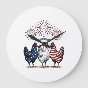 Grande Horloge Ronde Trio de poulets patriotiques Gravure vintage vecte