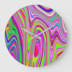 Grande Horloge Ronde Trippy Jaune et rose Abstrait Art rétro Super