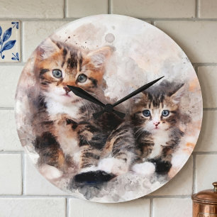 Grande Horloge Ronde Trois belles chatons mignonnes aquarelle
