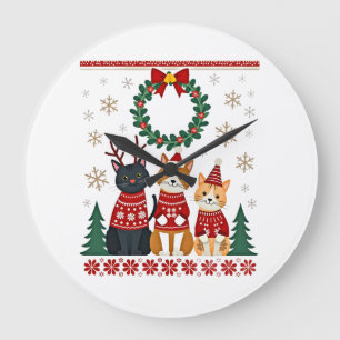 Grande Horloge Ronde Trois chats drôle de Noël Chat Sweat de Noël sale
