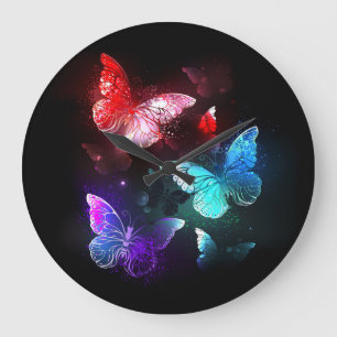 Grande Horloge Ronde Trois papillons lumineux sur fond de nuit