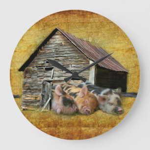 Grande Horloge Ronde Trois Petits Cochons À La Grange Rustique Snoozing
