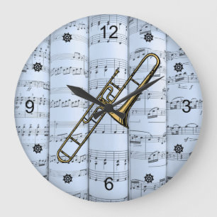 Grande Horloge Ronde Trombone~Partition roulée~Arrière - plan Tint Bleu