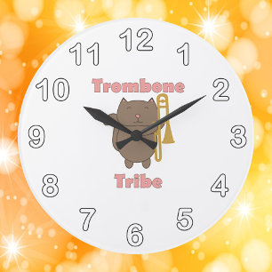 Grande Horloge Ronde Trombone Tribe Chat Brun