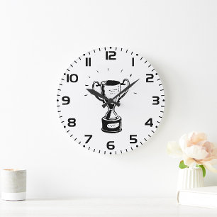 Grande Horloge Ronde Trophée Dessiné à la Main Rétro Noir et Blanc Réco