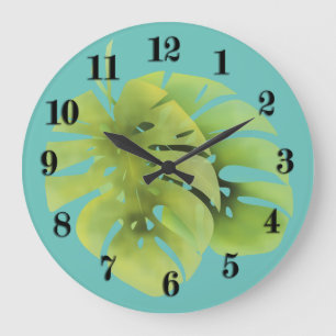 Grande Horloge Ronde Tropical exotic green monstera leaves watercolor e