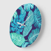 Grande Horloge Ronde Tropical Green Blue Leaves Pattern (Angle)