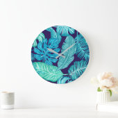 Grande Horloge Ronde Tropical Green Blue Leaves Pattern (Maison)