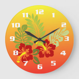 Grande Horloge Ronde Tropical Retreat inspecté red Design Hibiscus & Su