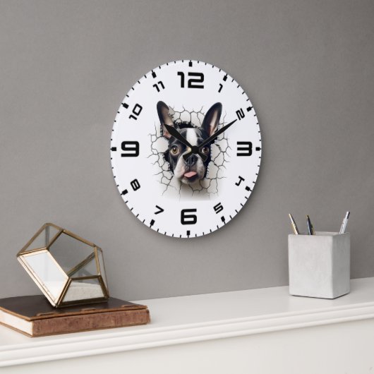 Grande Horloge Ronde Trou fissuré 3D Boston Terrier (Bureau)