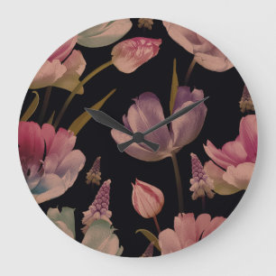Grande Horloge Ronde Tulipes florales, muscari : vintage sans soudure