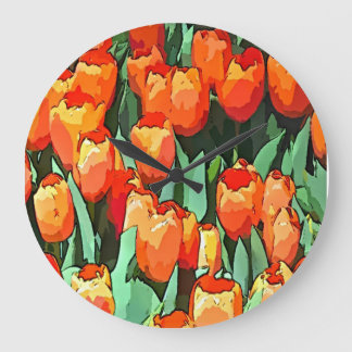 Grande Horloge Ronde Tulipes Orange Rétro
