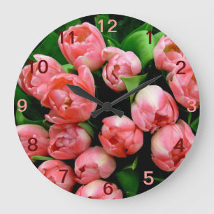 Grande Horloge Ronde Tulipes Roses Fleurs Nature Floral