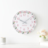 Grande Horloge Ronde Tulipes roses Sage Vert Feuille Blanc (Maison)