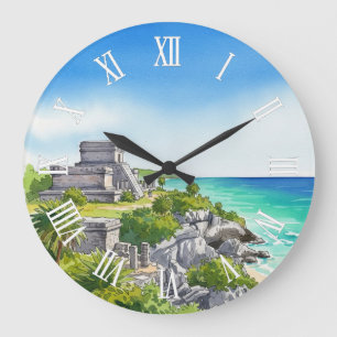Grande Horloge Ronde Tulum Mexique Aquarelle