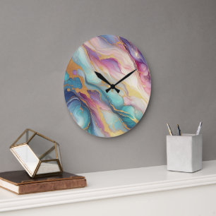 Grande Horloge Ronde Turquoise Aqua Blue violet rose or marbre Motif