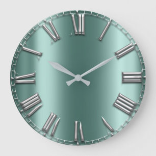 Grande Horloge Ronde Turquoise Aqua Mint Gris Gris Argent Romain Numéro
