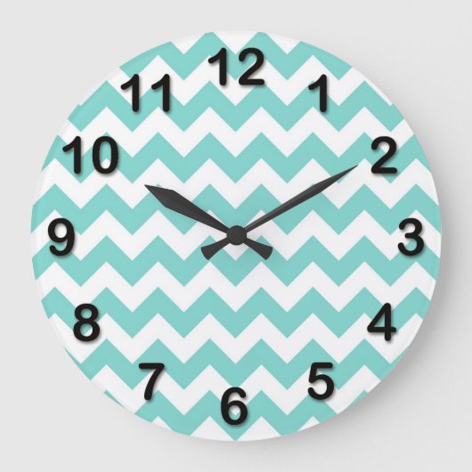Grande Horloge Ronde Turquoise Aqua White Chevron Zig Zag Motif (Recto)