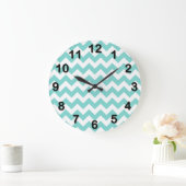 Grande Horloge Ronde Turquoise Aqua White Chevron Zig Zag Motif (Maison)