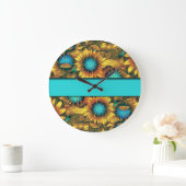 Grande Horloge Ronde Turquoise Avec Des Tournesols Colorés (Maison)