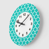 Grande Horloge Ronde Turquoise Blanc Motif Quatrefoil Marocain #5 (Angle)