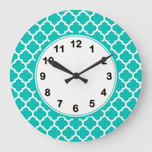 Grande Horloge Ronde Turquoise Blanc Motif Quatrefoil Marocain #5