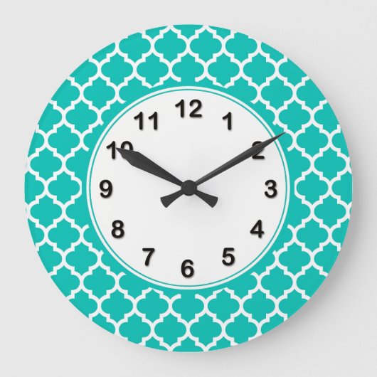 Grande Horloge Ronde Turquoise Blanc Motif Quatrefoil Marocain #5 (Recto)