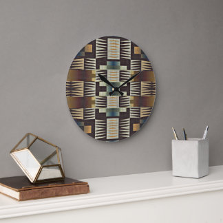 Grande Horloge Ronde Turquoise bleu gris Tan Taupe Brown Motif d'art tr