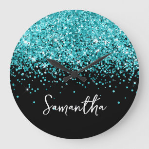 Grande Horloge Ronde Turquoise Bleu Pailleté Nom en Noir Script