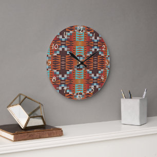 Grande Horloge Ronde Turquoise Bleu Rouille Orange Rouge Marron Art Tri