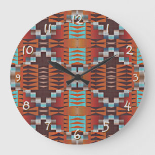 Grande Horloge Ronde Turquoise Bleu Sienne Orange Rouge BrownArt Tribal