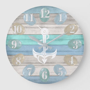 Grande Horloge Ronde Turquoise bleu - Verre marin / Nautique / Ancre