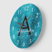 Grande Horloge Ronde Turquoise Blue Sparkle (Angle)