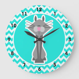 Grande Horloge Ronde Turquoise, couleur Chevron d'Aqua ; Chat gris
