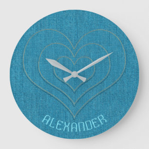 Grande Horloge Ronde Turquoise Denim Jeans 3 Hearts, Name Personalized