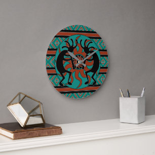 Grande Horloge Ronde Turquoise Design Sud-Ouest Kokopelli