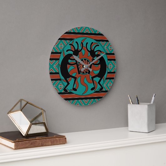 Grande Horloge Ronde Turquoise Design Sud-Ouest Kokopelli (Bureau)