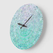 Grande Horloge Ronde Turquoise Fleur de glace Mandala (Angle)