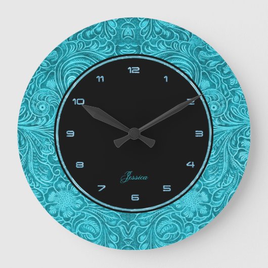 Grande Horloge Ronde Turquoise Floral Faux Leather Embossed (Recto)