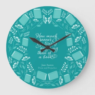 Grande Horloge Ronde Turquoise Floral Fierté & Préjugés Citation du 