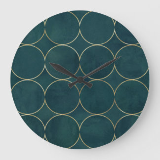 Grande Horloge Ronde Turquoise foncé, Cercles d'or Aquarelle.