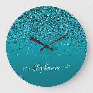 Grande Horloge Ronde Turquoise foncé pailleté dégradé girly calligraphi