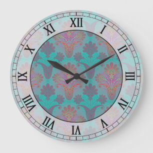 Grande Horloge Ronde turquoise funky et chiffres romains en damas magen
